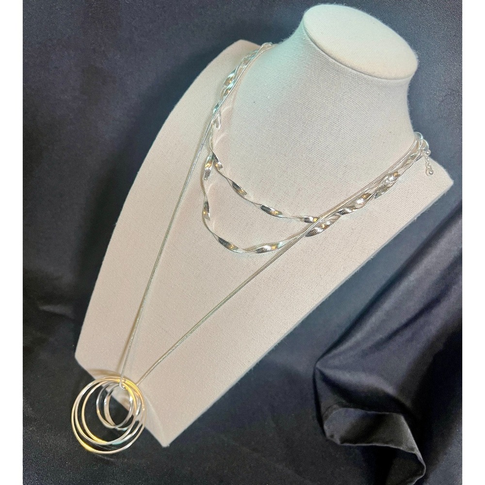 NOS Necklace Lot Silver Tone Twisted Ribbon & Snake Chain w/ Circle Pendant Set